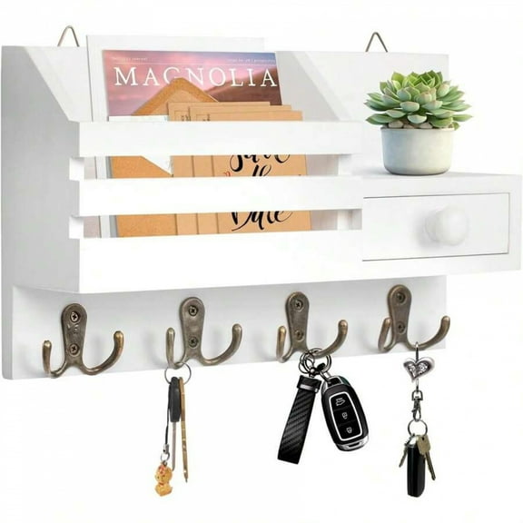 Space Saving Wall Mounted Key Holder With Shelf - 8 Key Hooks, Wooden Mail & Key Organizer With Drawer, 2 Installation Methods, Adhesive Key Rack for Entryway, Doorway & Hallway, White