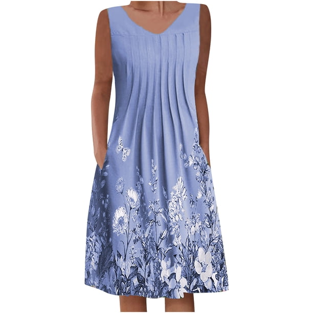 Vestidos estampados sin mangas con cuello redondo informal de verano para mujer con bolsillo Fridja hj715