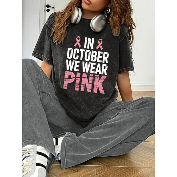 Short Sleeve Round Neck Tee "In October We Wear Pink" Graphic Washed Vintage Top Black S-2XL Plus Size