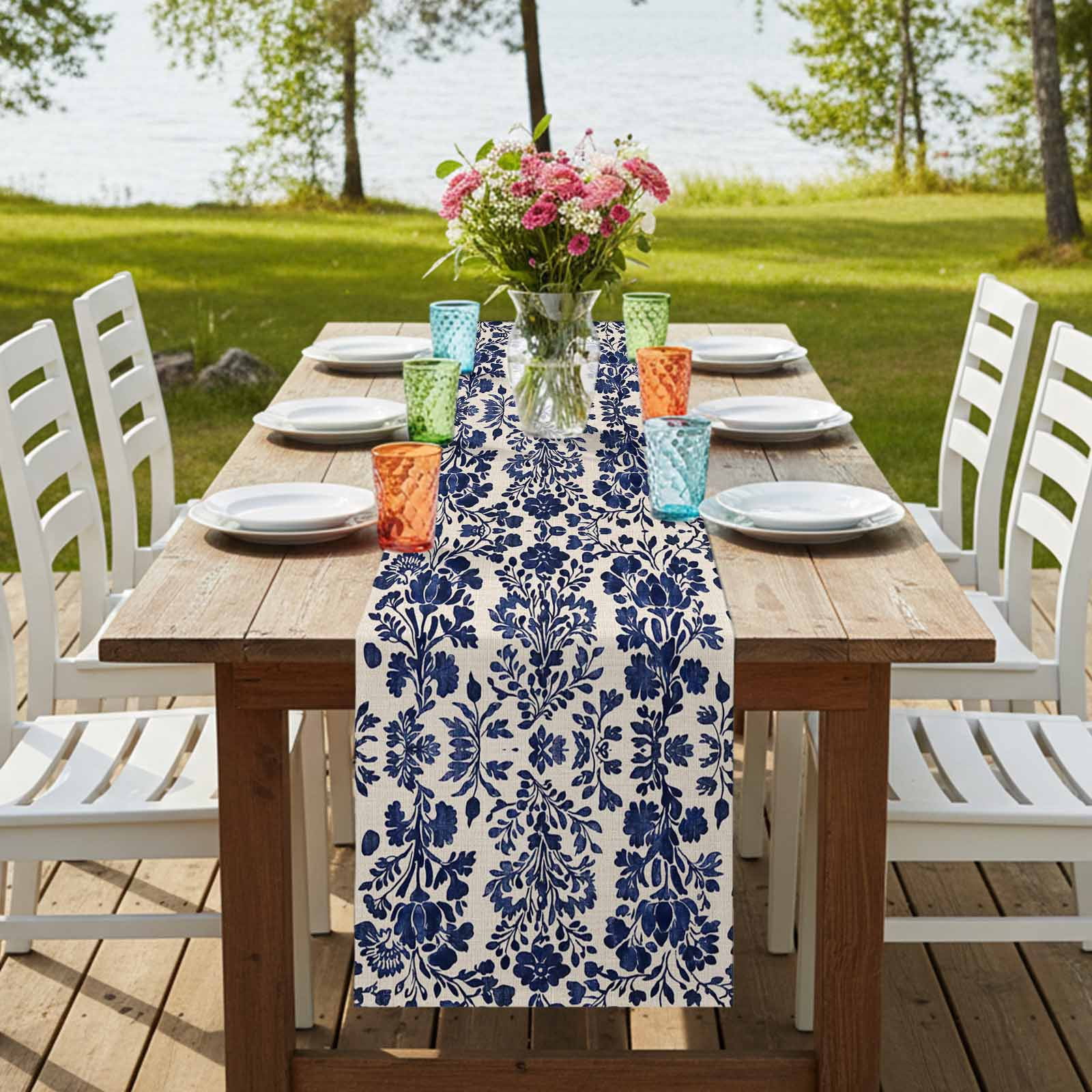 Blue Spring Floral 90 Inch Table Runner, Summer Botanical Farmhouse Rustic Farmhouse Dresser Scarf Cotton & Linen Tablerunner for Dining/Kitchen Island/Holiday Party Décor 13" x 90"