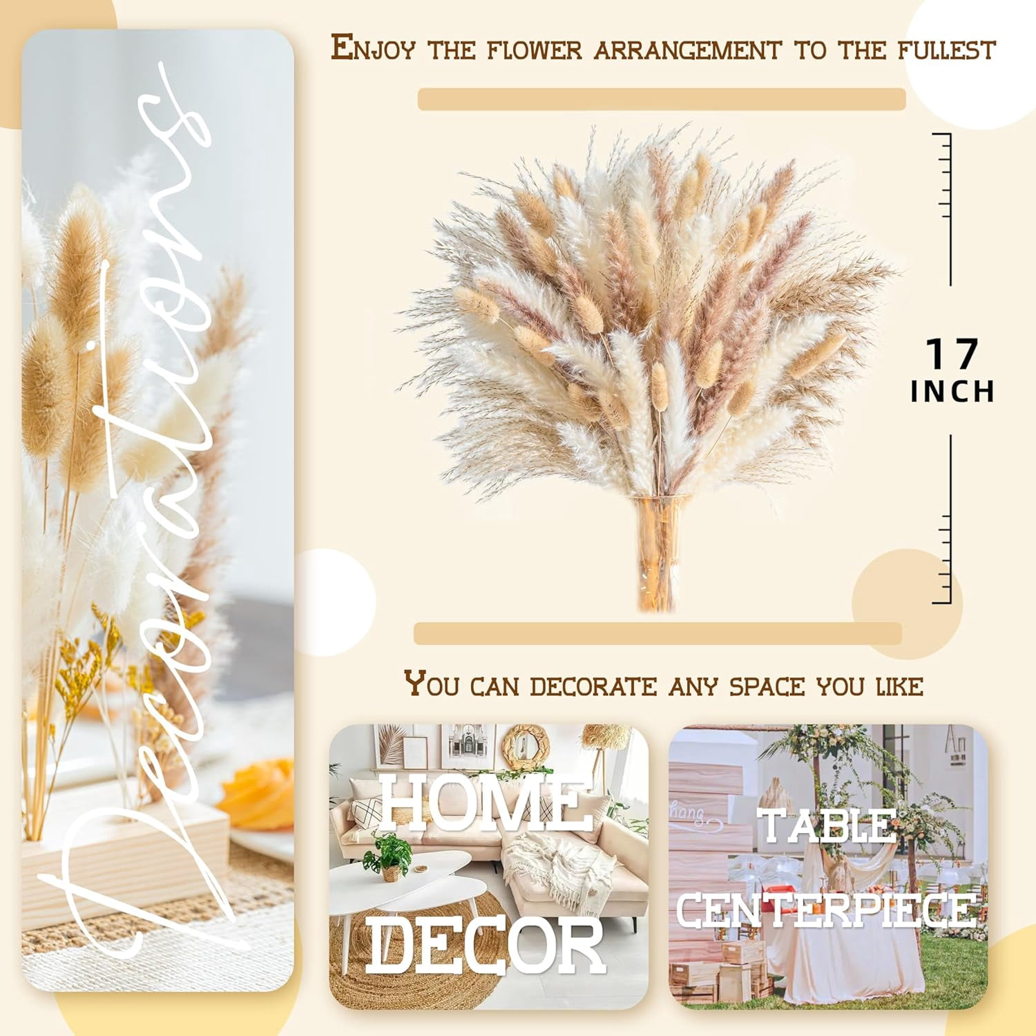 180PCS Natural Pampas Grass 8-Kind Mixed Bouquet | Dried Pampas Bouquet for Wedding, Boho Flowers, Home Table & Desk Decor, Rustic Farmhouse Decor