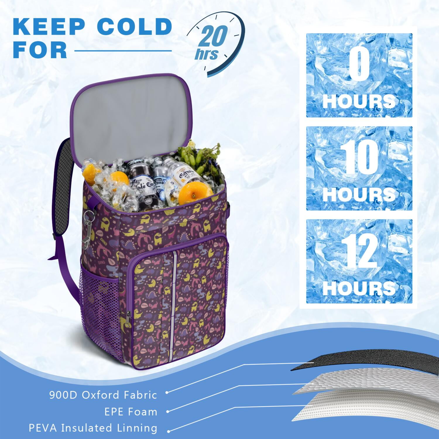 Travel Cooler Bag - Purple Dinosaurs Dino Roar Pattern Camping Beer Cooler Backpack with Bottle Opener- Waterproof Insulated Picnic Backpacks - Cooler Bag for Beach