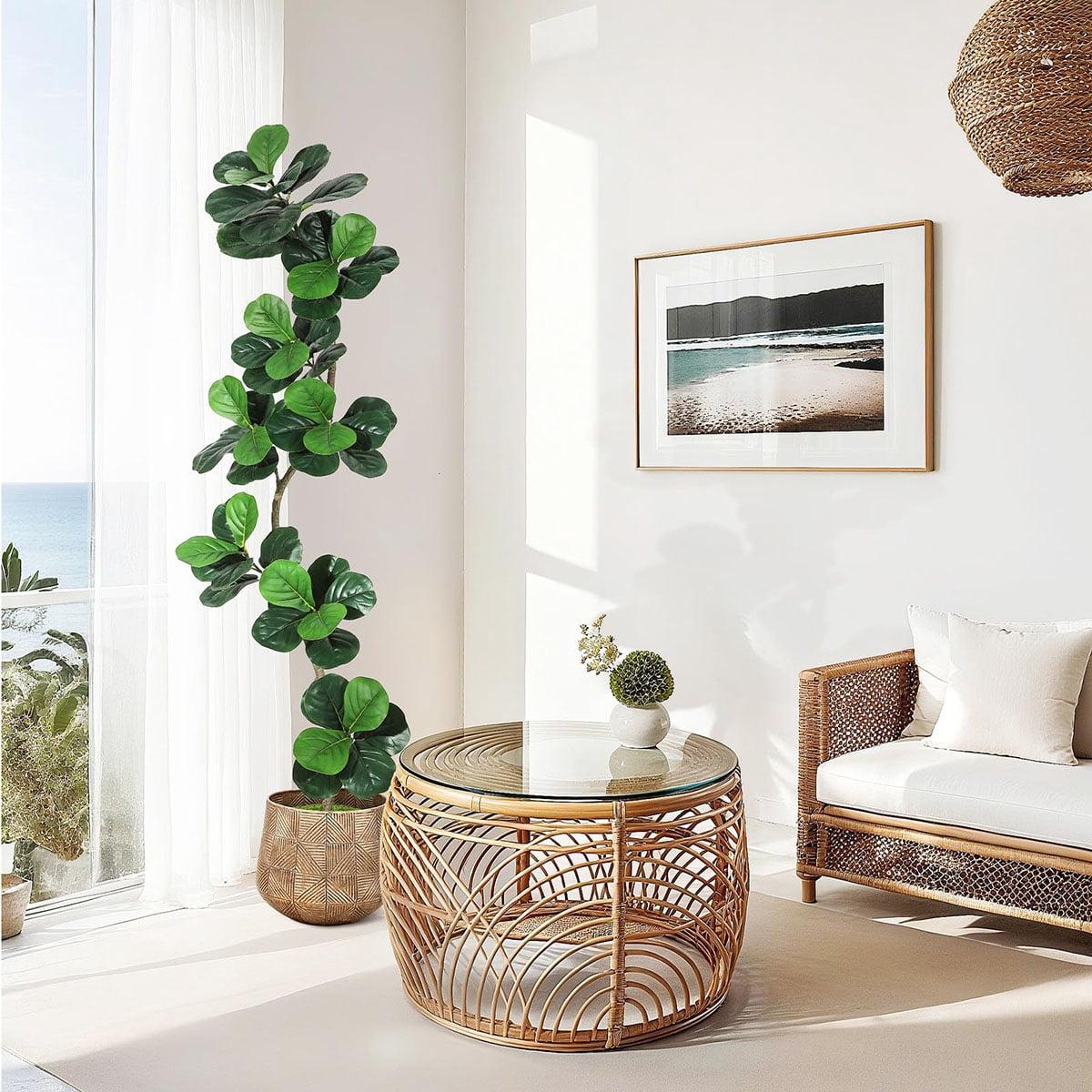 Ataucjin 5ft Fiddle Leaf Fig Artificial Tree, Faux Plants Indoor with Moss&White Planter, Fake Rubber Tall Fake Floor Plant in Pot,Artificial Trees for Home Office Living Room Decor