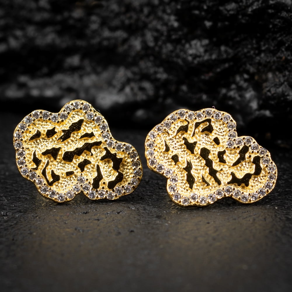 Men's Solid 14K Yellow Gold Plated 925 Sterling Silver Screw Back Post Diamond Cut Stud Cubic Zirconia Retro 90's Hip Hop Iced Cz Solid Nugget Earrings For Men