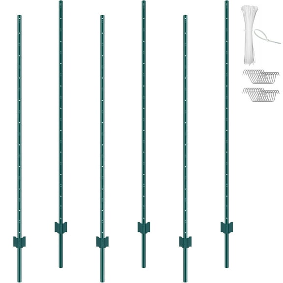 KFFKFF 6-Pack 6-Foot U-Channel Metal Fence Posts, Durable Steel Stakes for Garden, Yard, Lawn, Farm, and Outdoor Wire Fencing, Green