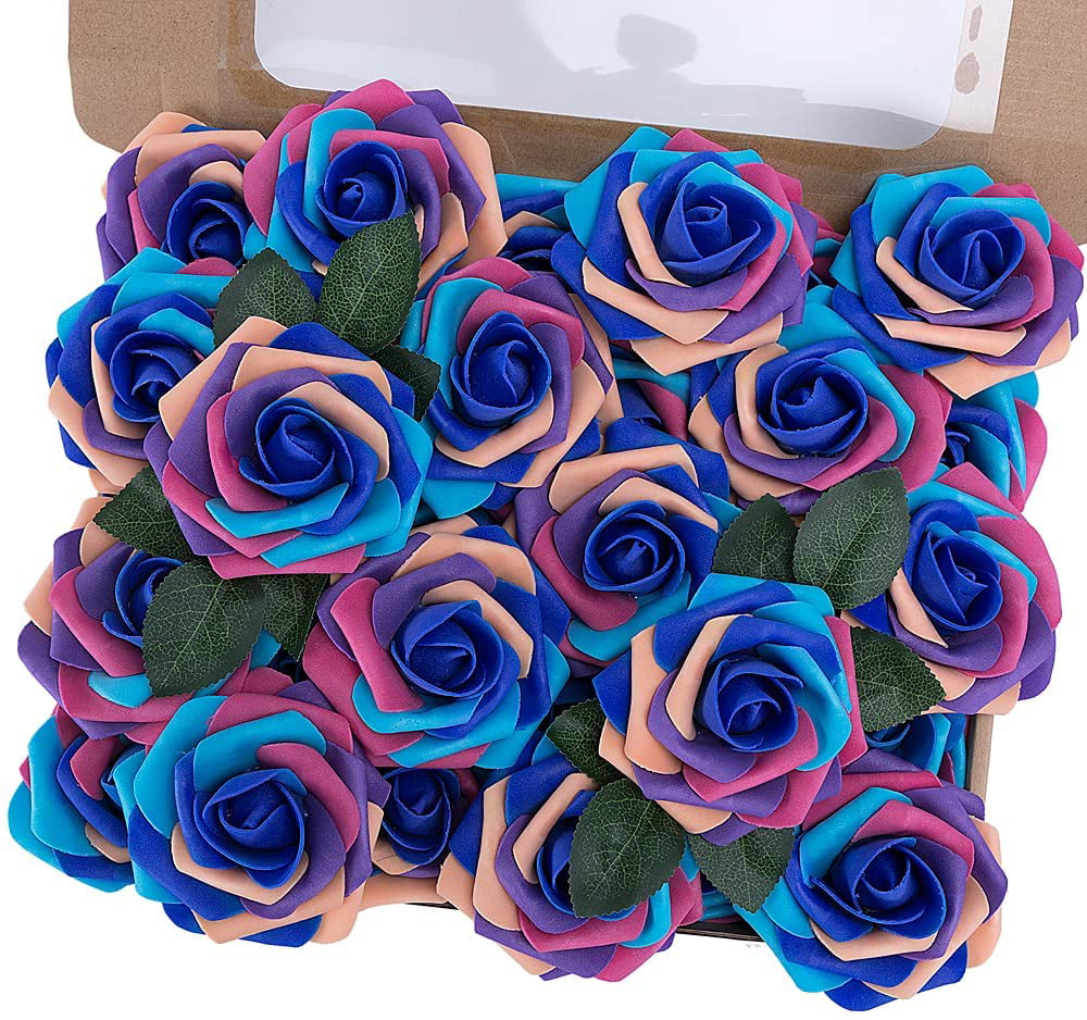 Blue Rose Foam Flowers for Interior Real Touch long stem Flowers Real Feel Floral Arrangement Realistic Artificial Roses with stem