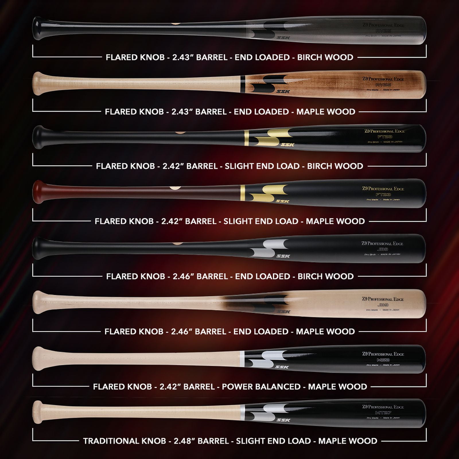 SSK Z9 Professional Edge Pro Maple Wood Baseball Bat - FT23