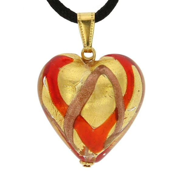 GlassOfVenice Murano Glass Heart Pendant - Red Waves Gold