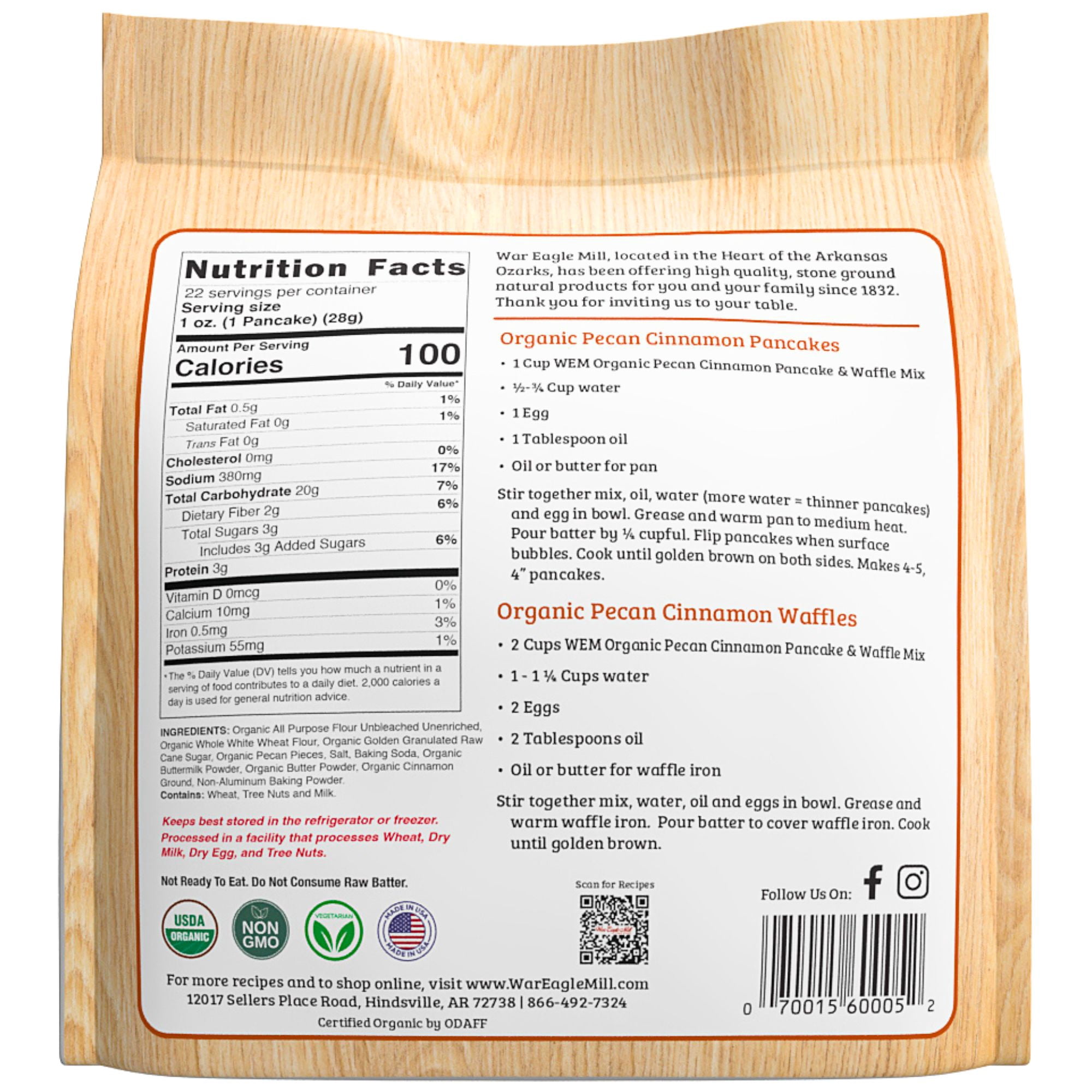 War Eagle Mill Organic Pecan Cinnamon Pancake & Waffle Mix, 22 oz (2-pack), Flavored Breakfast Mix