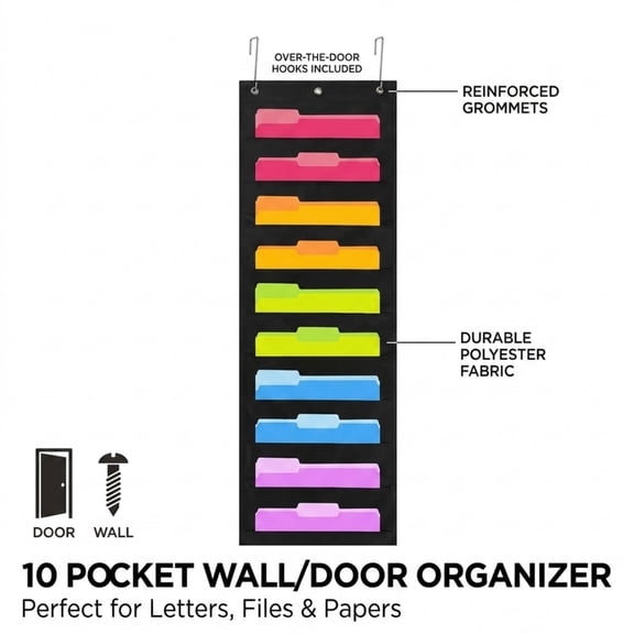 Coziro Hanging File Organizer 10 Pockets Black Wall Mount Folder Holder with 3 Metal Hooks, Heavy Duty Storage Chart for Classroom, Office, Home, and Bill Filing