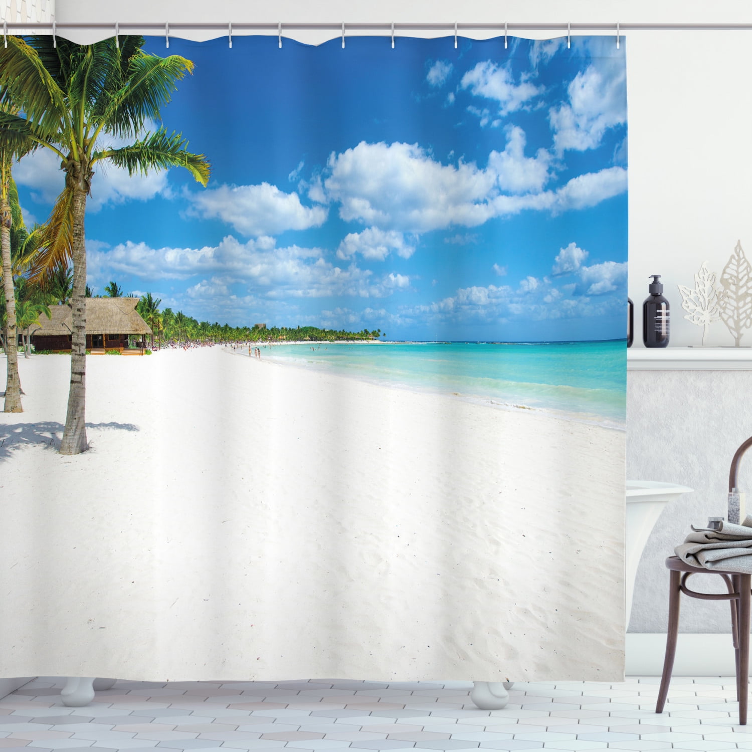 Ambesonne Ocean Decor Collection Palm Trees Tropical Island Beach Nature Paradise Panoramic Picture Through Wooden Windows Scene Polyester Shower Curtain Blue Aqua Turquoise Green White 69 W/70 L 