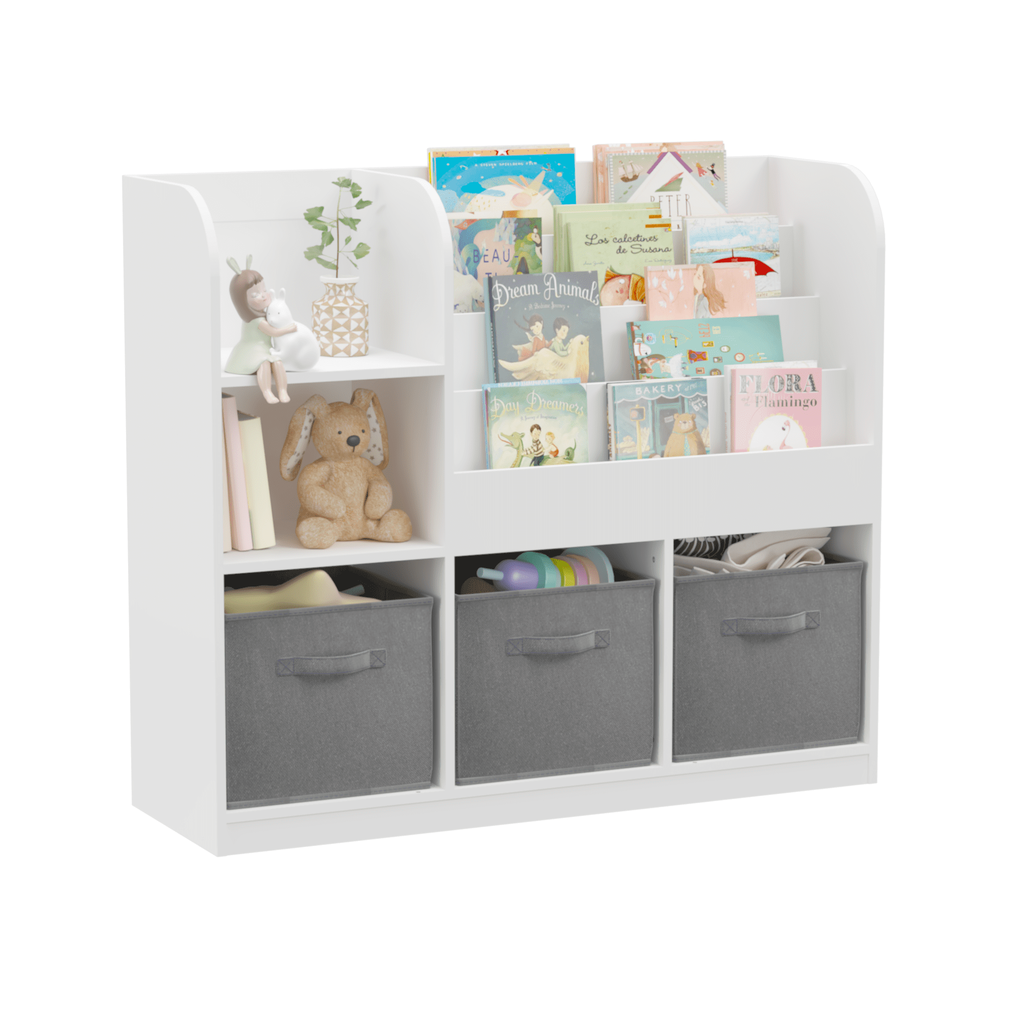Kids Bookshelf and Toy Storage, Wooden Bookcase with 3 Drawers and 4 Book Display Shelf, Toy Storage Organizer with Bins, for Toddlers Kids Room Furniture/ Bedroom/ Living Room, White