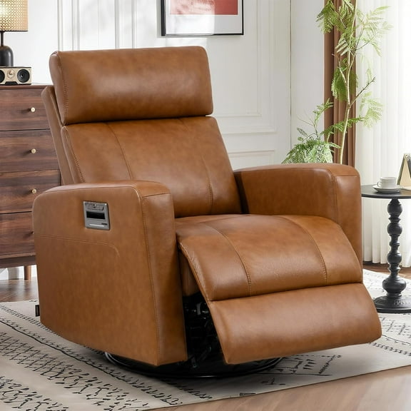 Genuine Leather Power Swivel Recliner Chair, Glider Electric Rocking Chair for Adults. Nursery Rocker Sofa Chair with Adjustable Headrest for Living Room. Wireless Charging/Type-C&USB, Brown