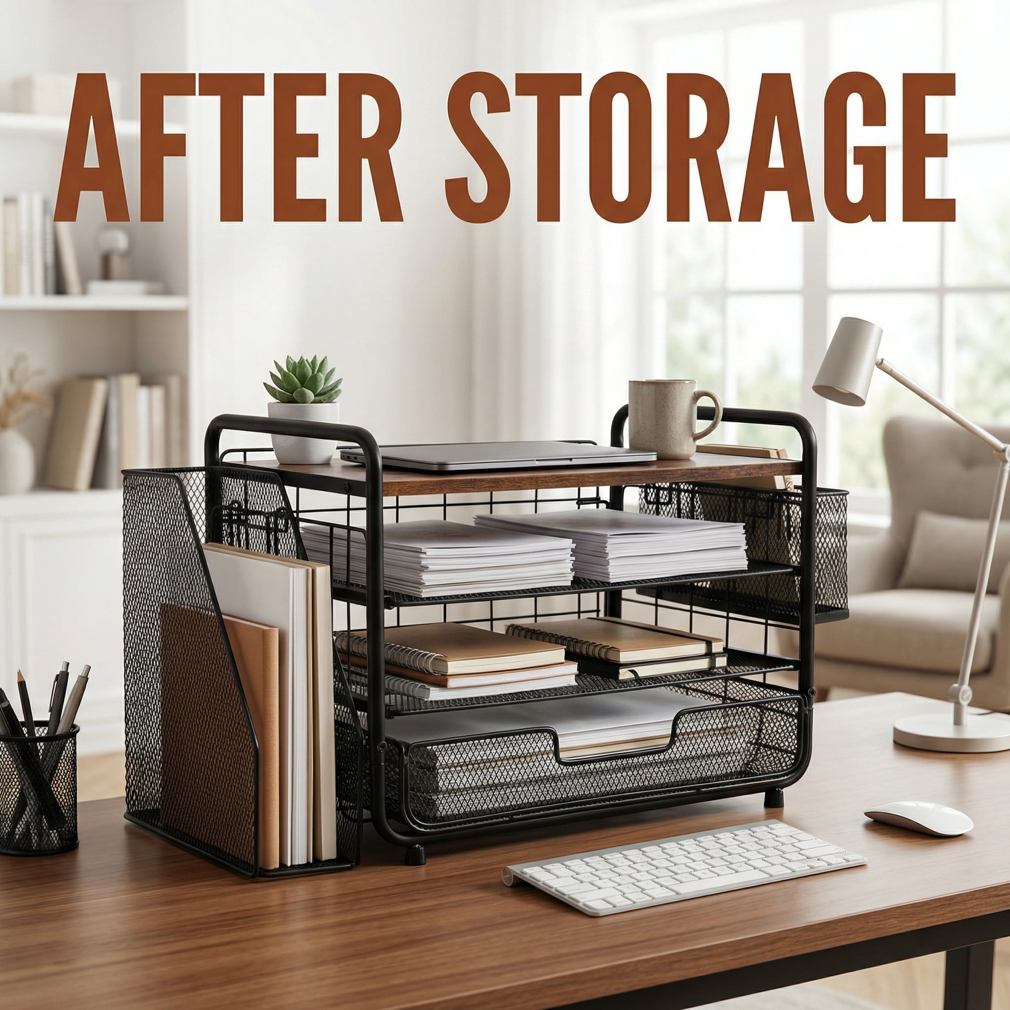 OUTMASTER  4-Tier Desk Organizer,Metal Desktop File Organizer with Drawer and Pen Holder,Office Supplies