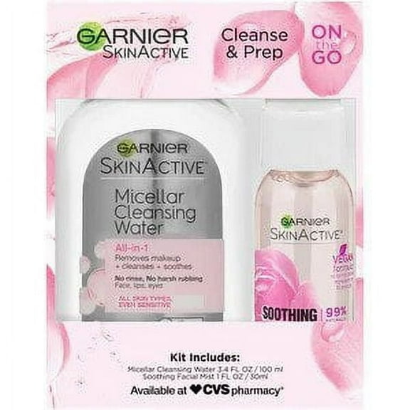 Garnier SkinActive Cleanse & Prep Kit: Micellar Cleansing Water 3.4 fl oz and Soothing Facial Mist 1 fl oz