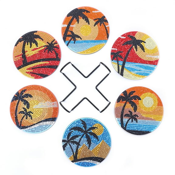 6pcs Diamond Painting Coasters Kits,5D DIY Diamond Art Coaster Kits with Holder, Small Diamond Painting Kits for Adults & Kids Art Craft Supplies(Coconut tree diamond painting coaster)