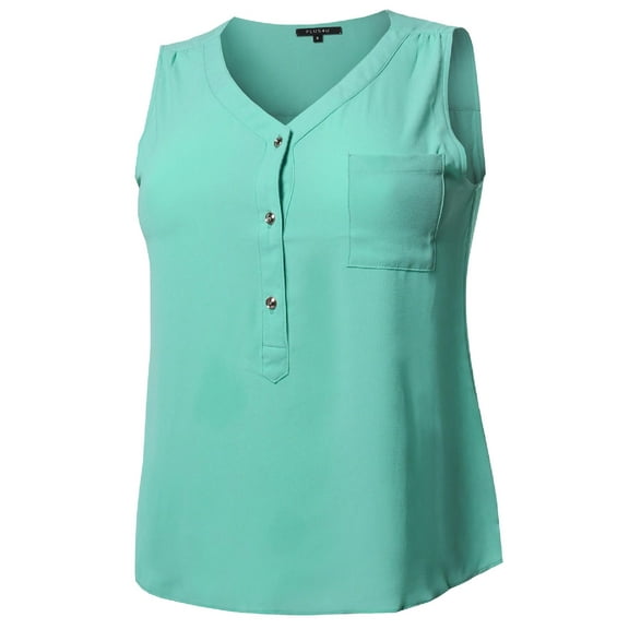 FashionOutfit Women's Solid V-Neck Chiffon Blouse Tank Top