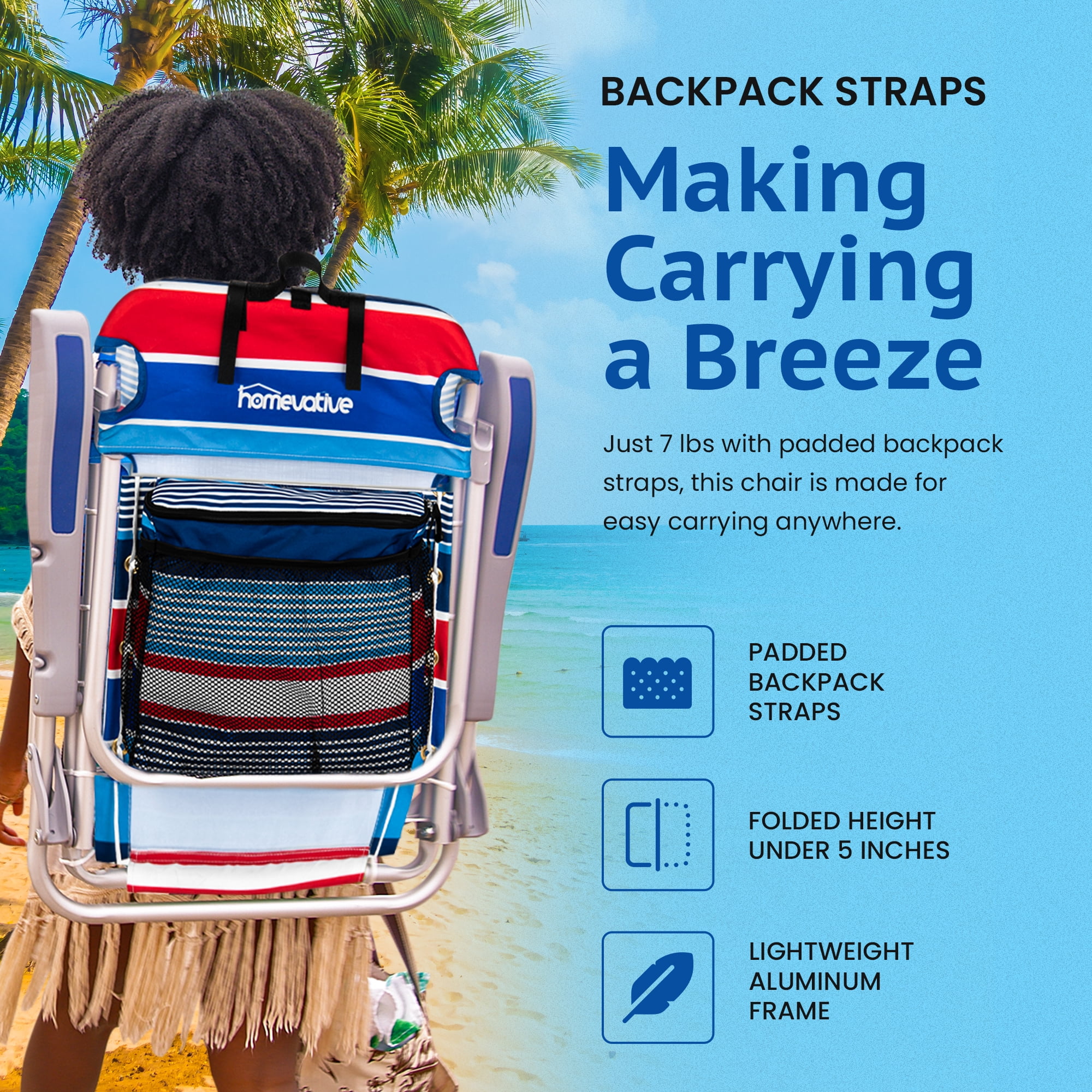 Homevative Cooler+ Folding Backpack Beach Chair with 5 Positions, Towel bar, XL Cooler Pouch, Storage Net, Cup and Phone