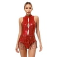 thumbnail image 3 of Xnihocha Women's Latin Dance Outfit Glittery Leotard with Metallic Tassel Gloves Tango Dancewear Red L, 3 of 7