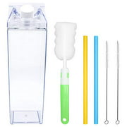 33oz Milk Carton Water Bottle -Clear Square Milk Bottles BPA Free Portable Water Bottle with 2 Silicone Straws & Cleaning Brush and 1 Bottle Brush for Outdoor Sports Travel Camping Activities (10