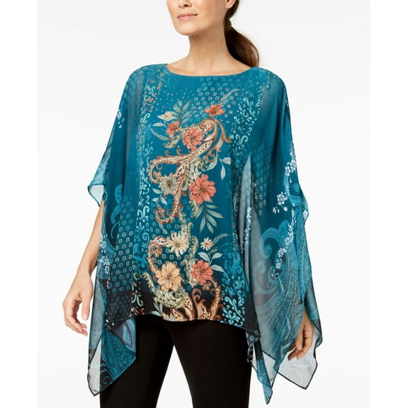 JM Collection Petite Embellished Poncho Top Simone Scroll PXS