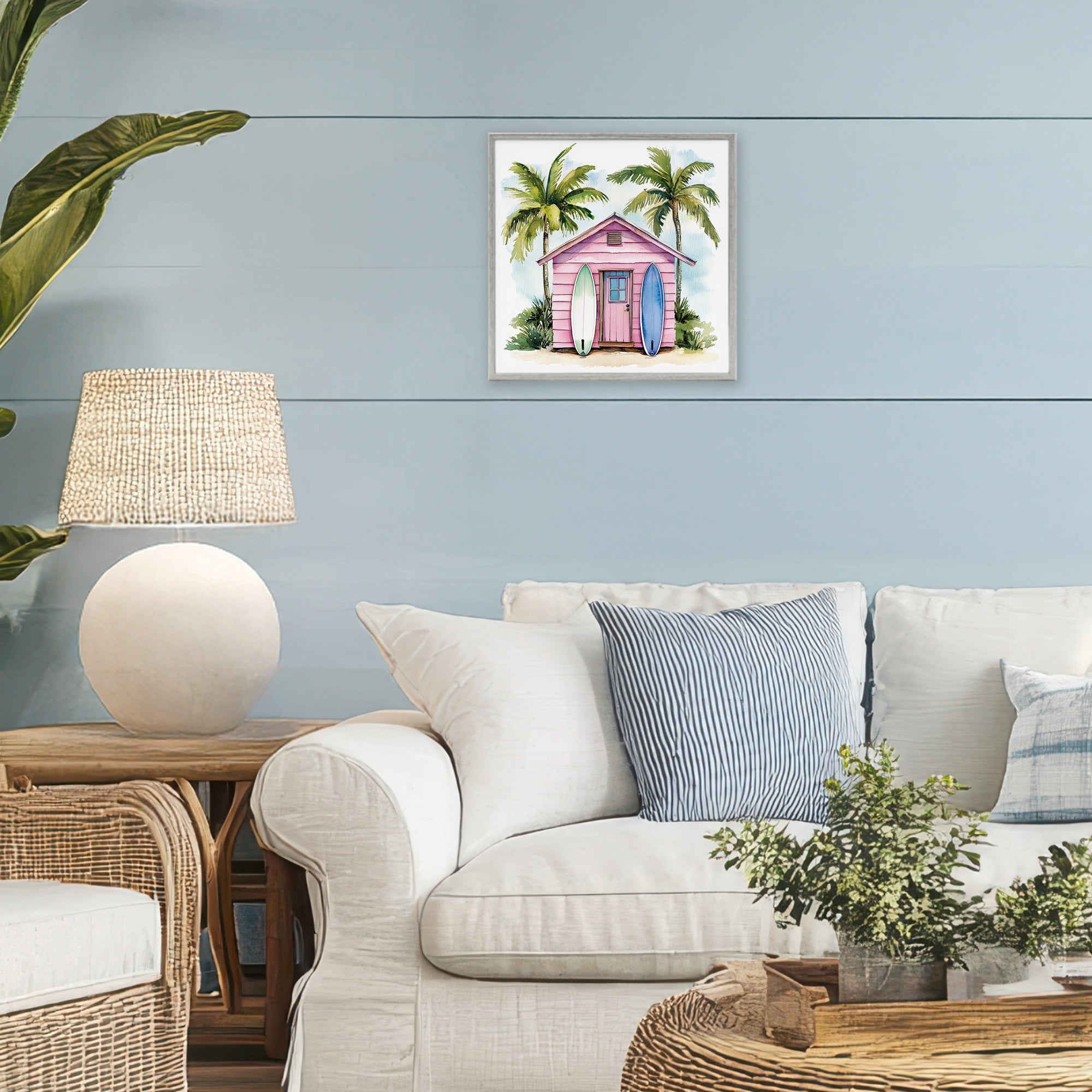 Stupell Industries Surf Shack Under Palms Gray Framed Giclee Art, design by Petal Prints Design