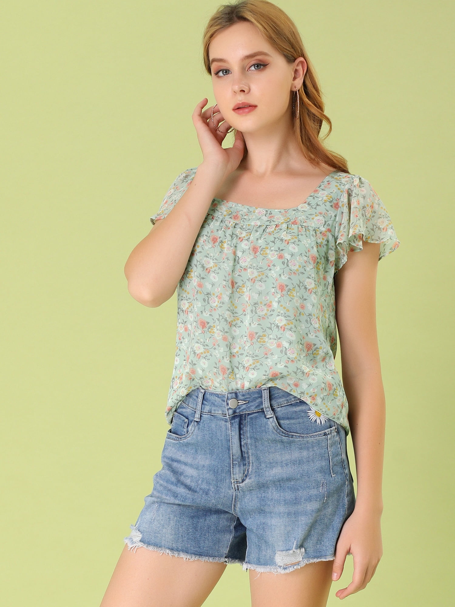 DARING DIVA Women's Floral Ruffle Sleeve Chiffon Blouse Top 3XL Green