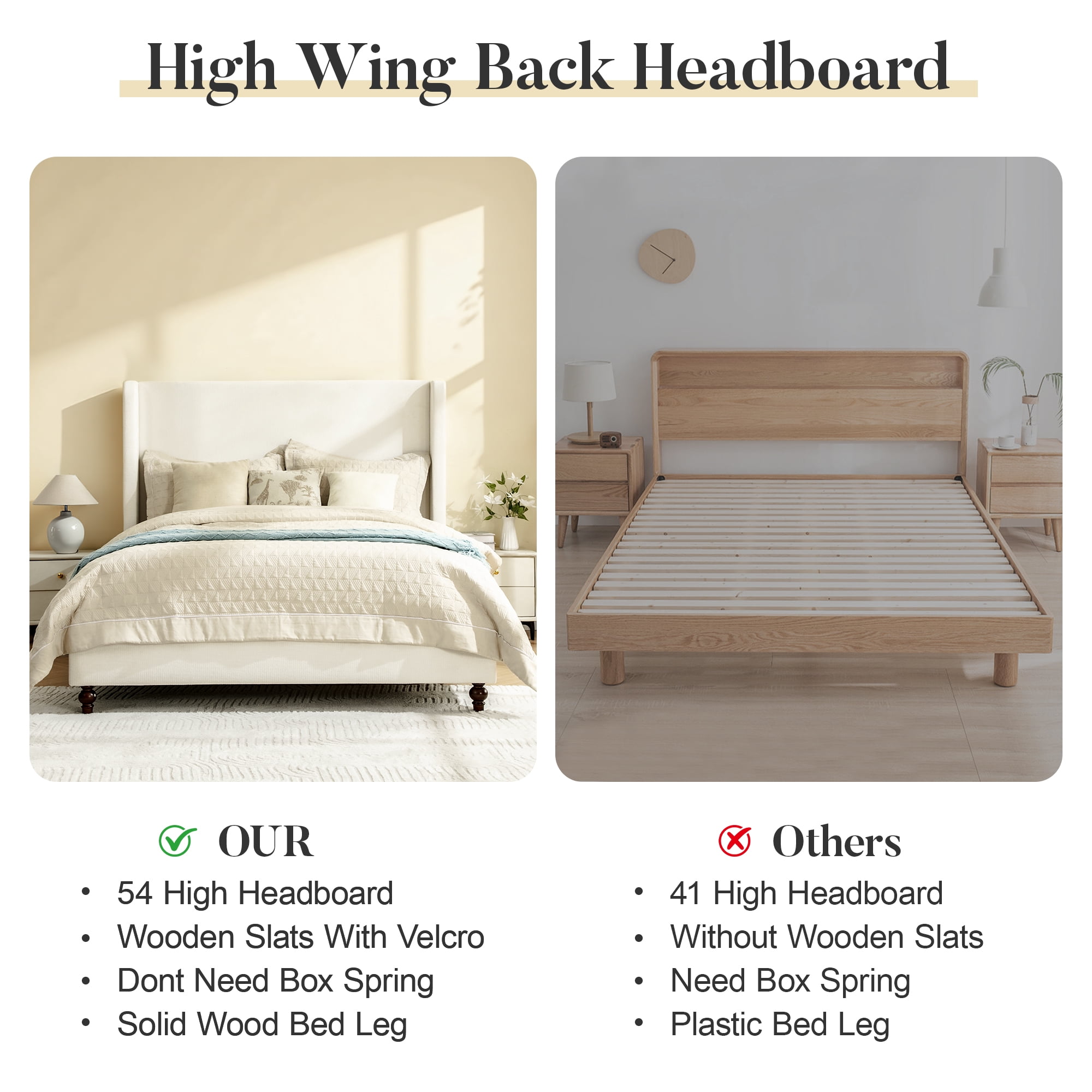COOLHUT King Size Bed Frame, All Wood Slats Support Platform Bed Frame, Upholstered Wingback Headboard, Solid and Stable Bed Frame, No Box Spring Needed/Easy Assembly/White