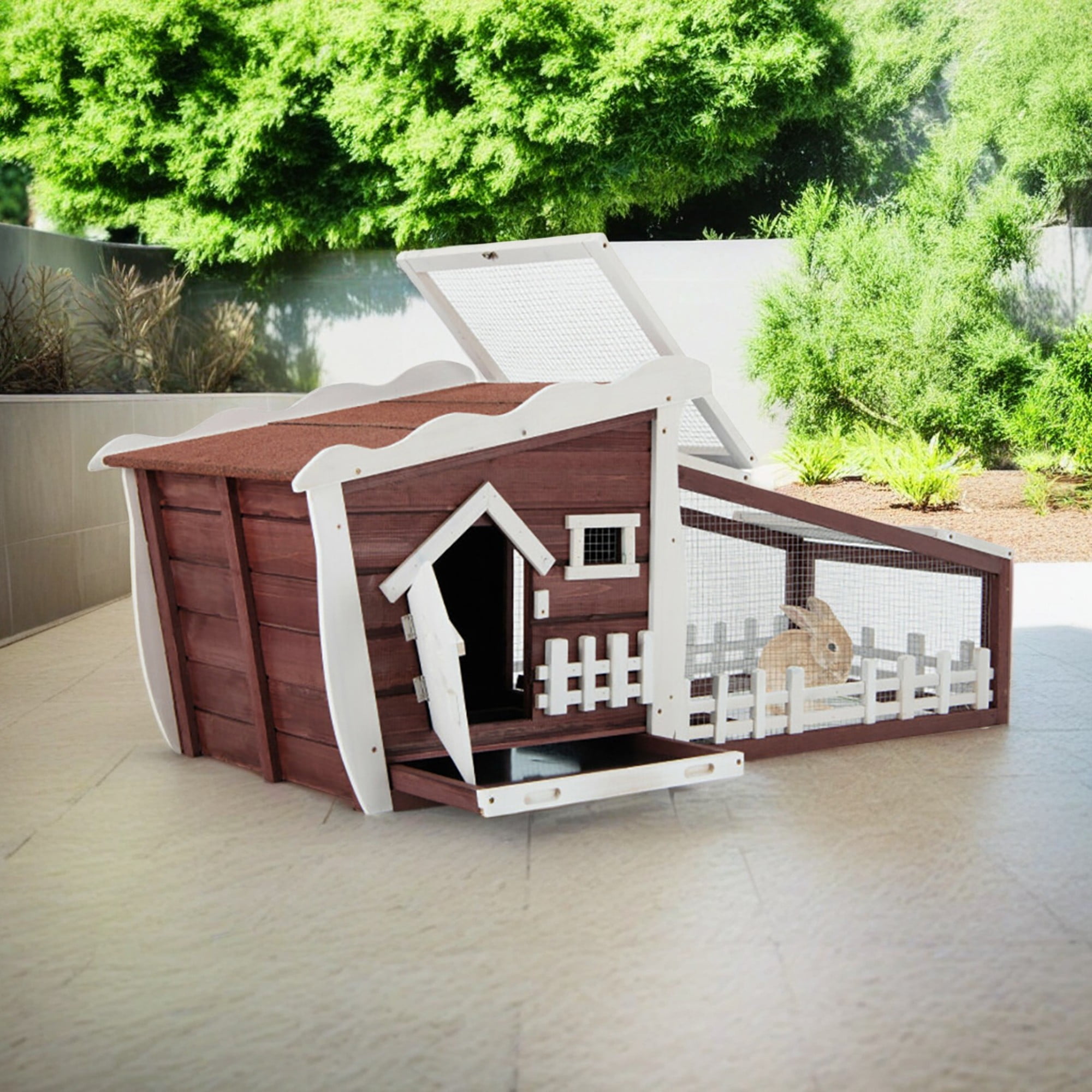 Kadyn 62" Outdoor Rabbit Hutch, Solid Firwood Hen House with Pull Out Tray, Guinea Pig Hutch, Wood Chicken Coops, Red