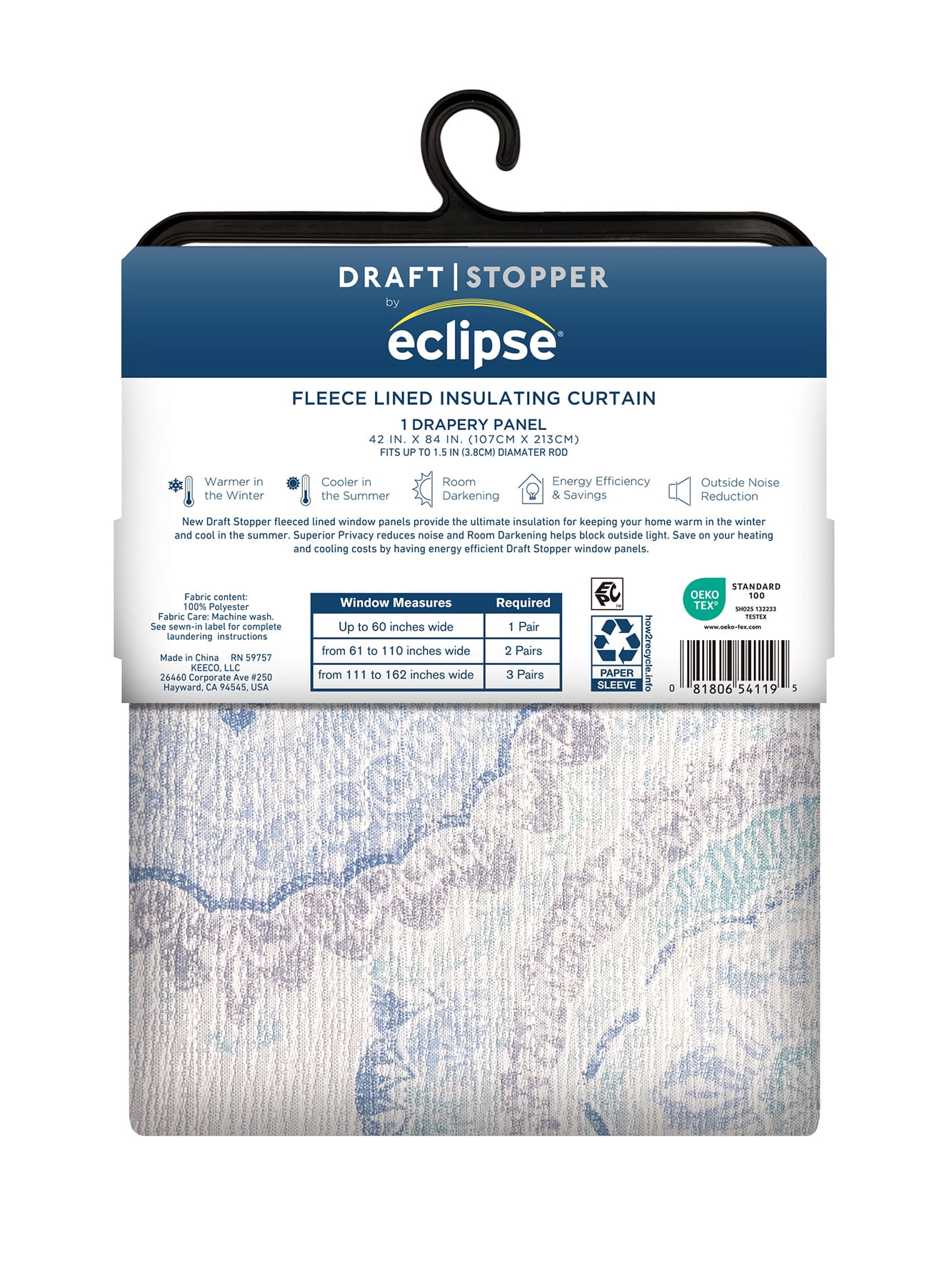 (2 pack) Eclipse Draft Stopper Room Darkening Fleece Lined Rod Pocket, Single Curtain Panel, Blue Medallion, 42" W x 84" L