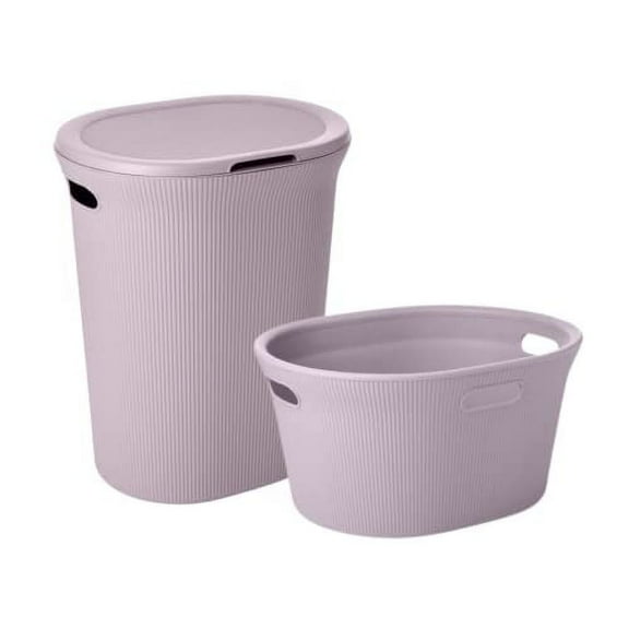 Decorative Plastic Laundry Basket & Laundry Hamper with Lid and Cut-Out Handles, Lilac (Set of 2) Organzier for Bedroom Bathroom College Dorm Room - Ribbed Design