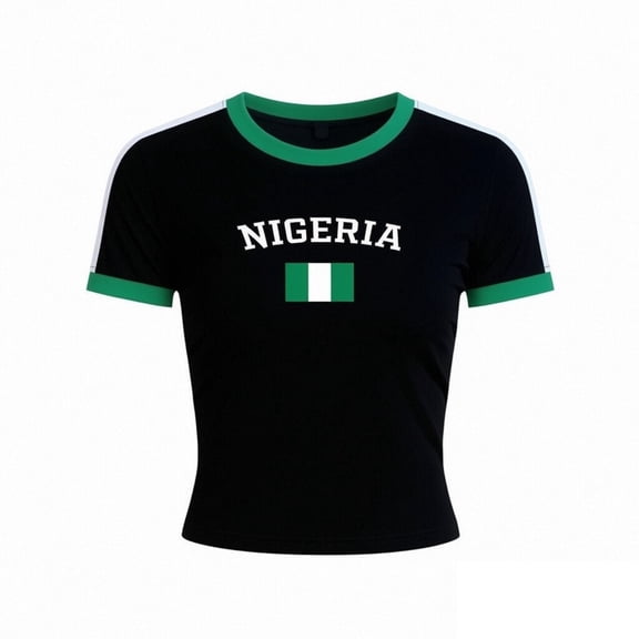 Trendfront Womens Y2K Crop Top T Shirts Nigeria Letter Graphic Short Sleeve Crewneck Color Block Retro Slim Fit Summer Streetwear Tee Shirt