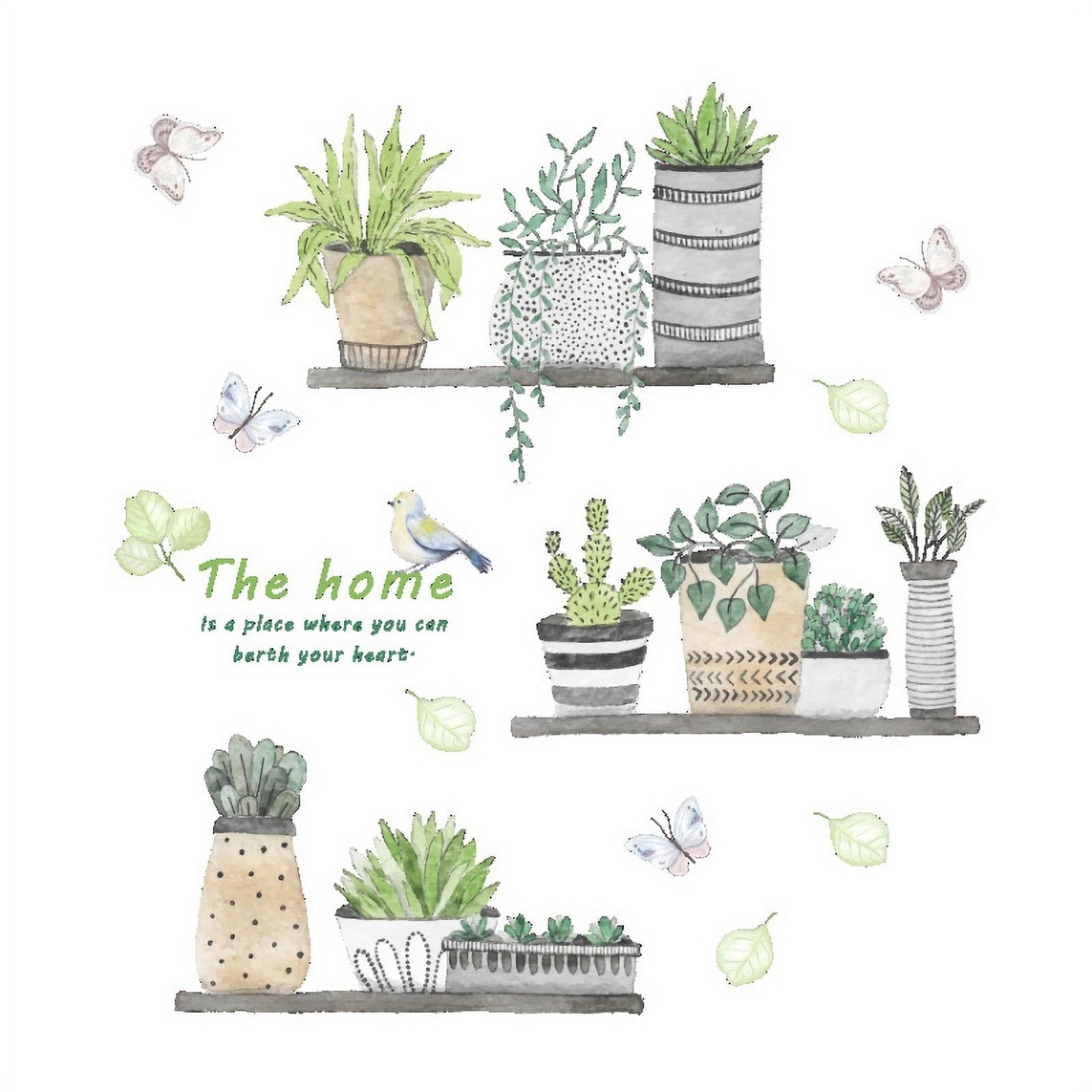 Green Plant Wall Decal Bonsai Flower Butterfly Cactus Wall Stickers DIY Mural Art Decoration for Living Room Bedroom Kitchen