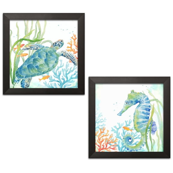 Gango Home Decor Blue and Green Seahorse & Turtle Coastal Adult Decor; 2 - 12" x 12" Black Frames