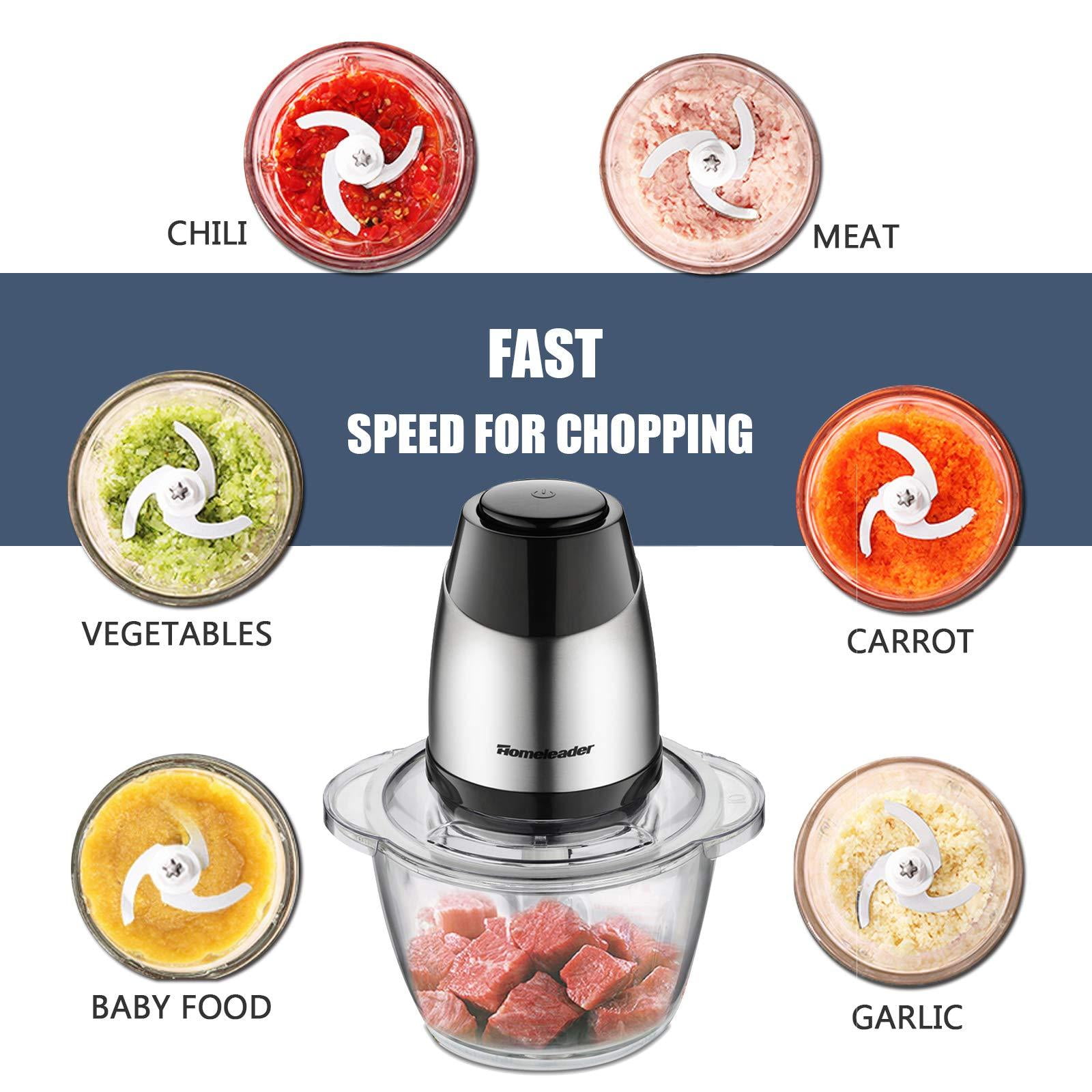 Electric Food Chopper, 8-Cup Food Processor by Homeleader, 2L Glass Bowl  Grinder for Meat, Vegetables, Fruits and Nuts, Stainless Steel Motor Unit  and 4 Sharp Blades, 300W 