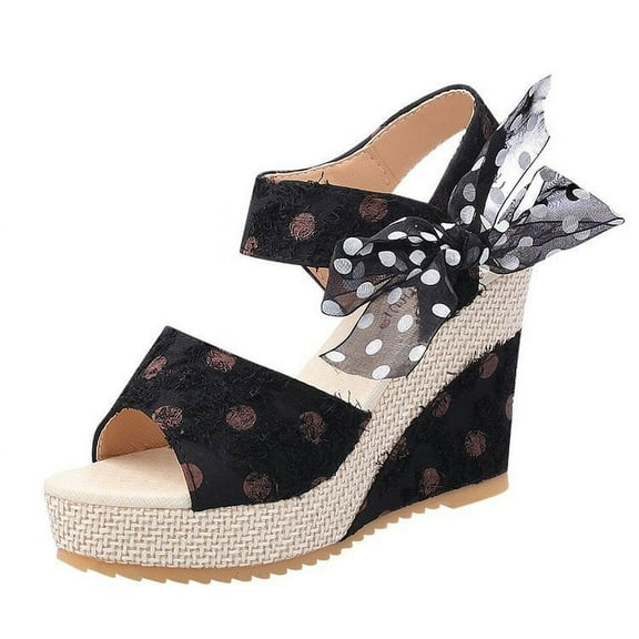 Mostsola Polka Dot Wedge Heel Platform Sandals for Women Peep Toe High Heel Sandals Bow Ankle Strap