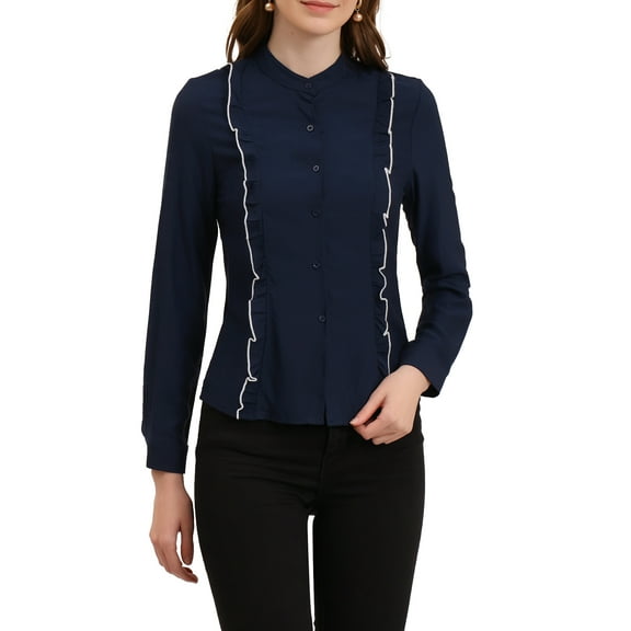 MODA NOVA Juniors Long Sleeve Button Up Ruffle Trim Contrast Piping Shirt