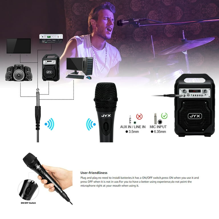 JYX Wireless Microphone, Dynamic Handheld Microphone with Receiver and  Anti-Slip Ring for Karaoke, 80ft Transmission Distance, Rechargeable Mic  System