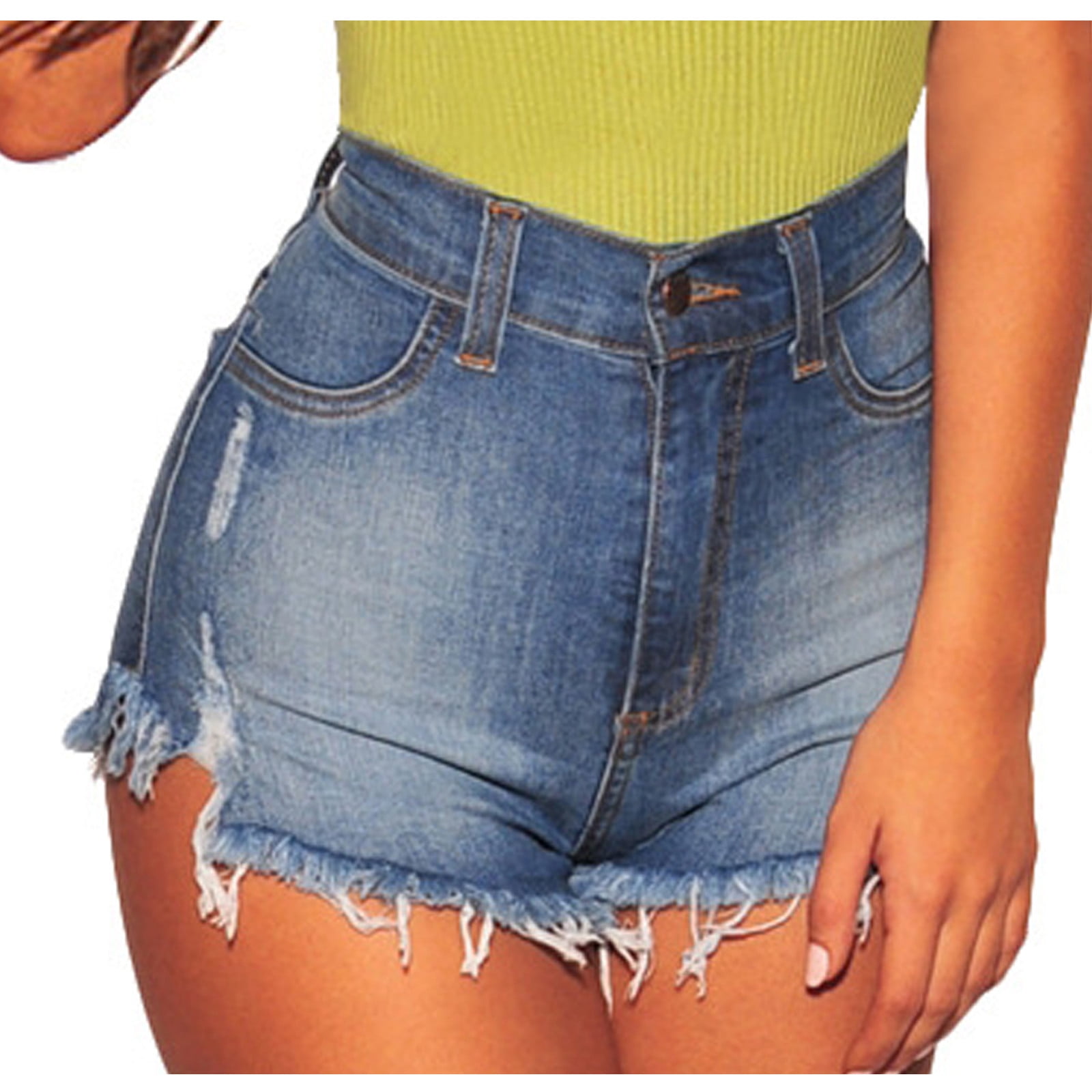 YWDJ Womens Shorts Denim Stretch Tummy Control Pocket Solid Jeans Denim  Pants Female Hole Bottom Casual Shorts Light blue S 