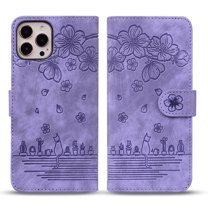 Dteck iPhone12 Pro Max Case,Sakura Cat Embossed PU Premium Leather Wallet Card Cash Slots Ultra-Slim Magnetic Flip Shockproof Kickstand Cover for iPhone 12 pro max 6.7 inch,Purple