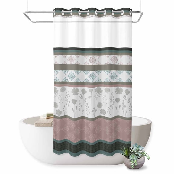No Hook Shower Curtain, Grey Stripes Abstract Shower Curtains for Bathroom with See Through Top Window, Geometric Spring Flowers Country Waterproof & Washable Bath Curtain Stand Up Stall 36"x72"