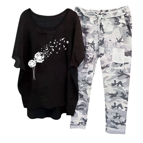 Brilliant Outfits for Women Two Piece Plus Size Women's Floral Print Loose Comfortable CrewNeck Half Sleeve Pullover Shirt Tops Pants Trousers Set Black 3x