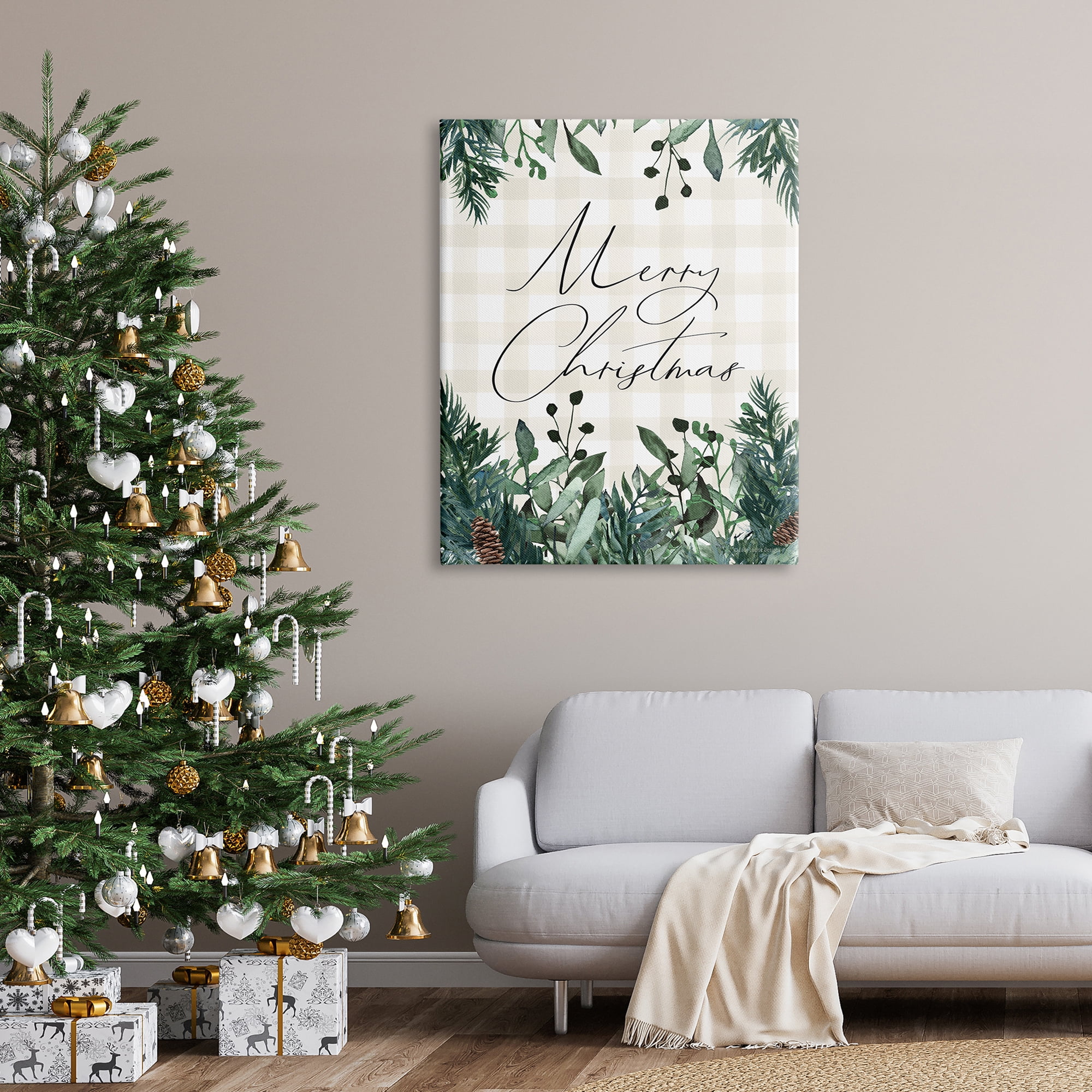 Merry Christmas Script Gingham Pinecone Botanicals Border Botanical & Floral Graphic Art Gallery-Wrapped Canvas Print Wall Art