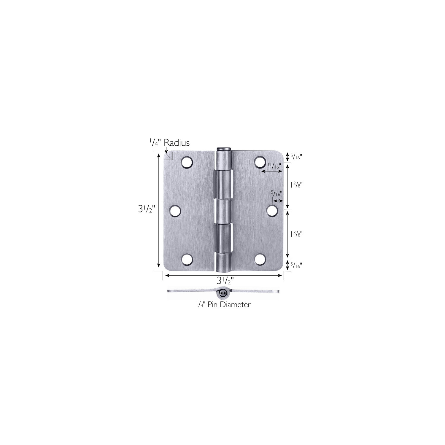 Brushed Chrome Steel Plain Bearing Door Hinge with Removable Pin, 3-1/2 x 3-1/2 in. 1/4 in. Radius, 3-Pack