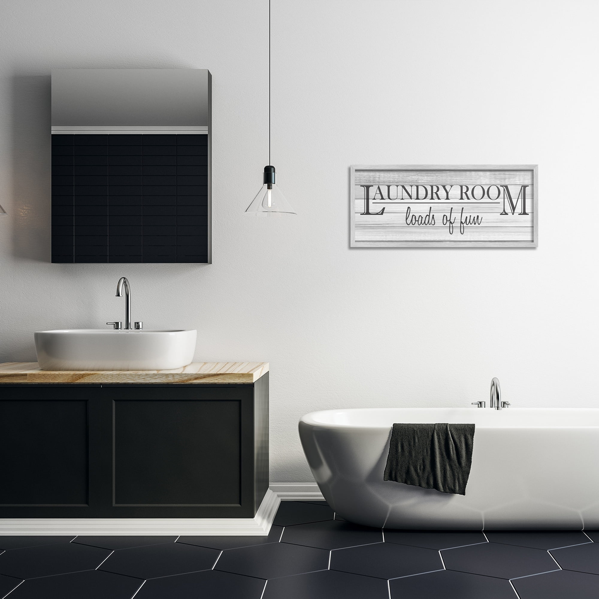Stupell Industries Fun Laundry Room Funny Word Bathroom Black And White Design, 13 x 30,Design by Kimberly Allen