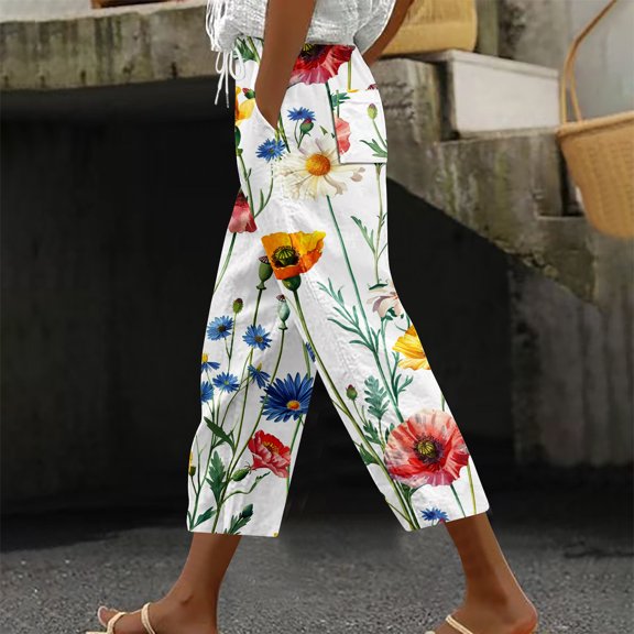 Aboser Womens Capri Harem Pants with Pockets Summer Boho Beach Pants Trendy Floral Printed Trousers Drawstring Elastic Waist Capris 2026