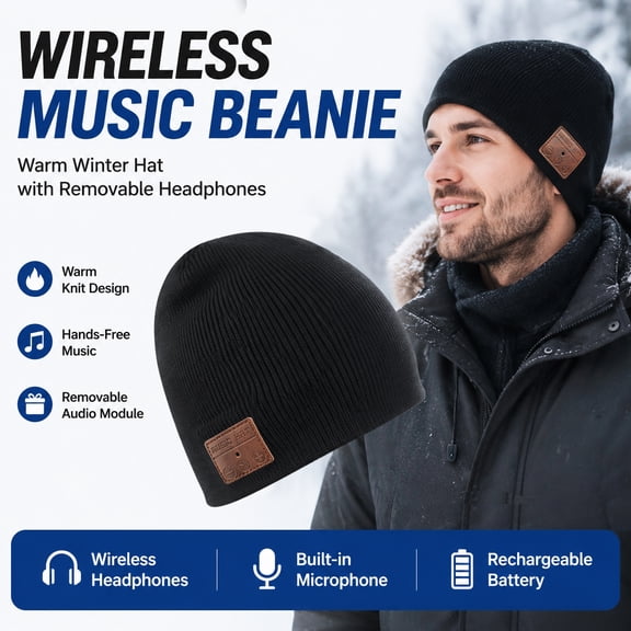 Bluetooth Beanie Hat with Removable Headphones, Wireless Music Winter Knit Hat with Built-In Microphone, Rechargeable Warm Beanie for Men and Women, Outdoor Winter Accessories