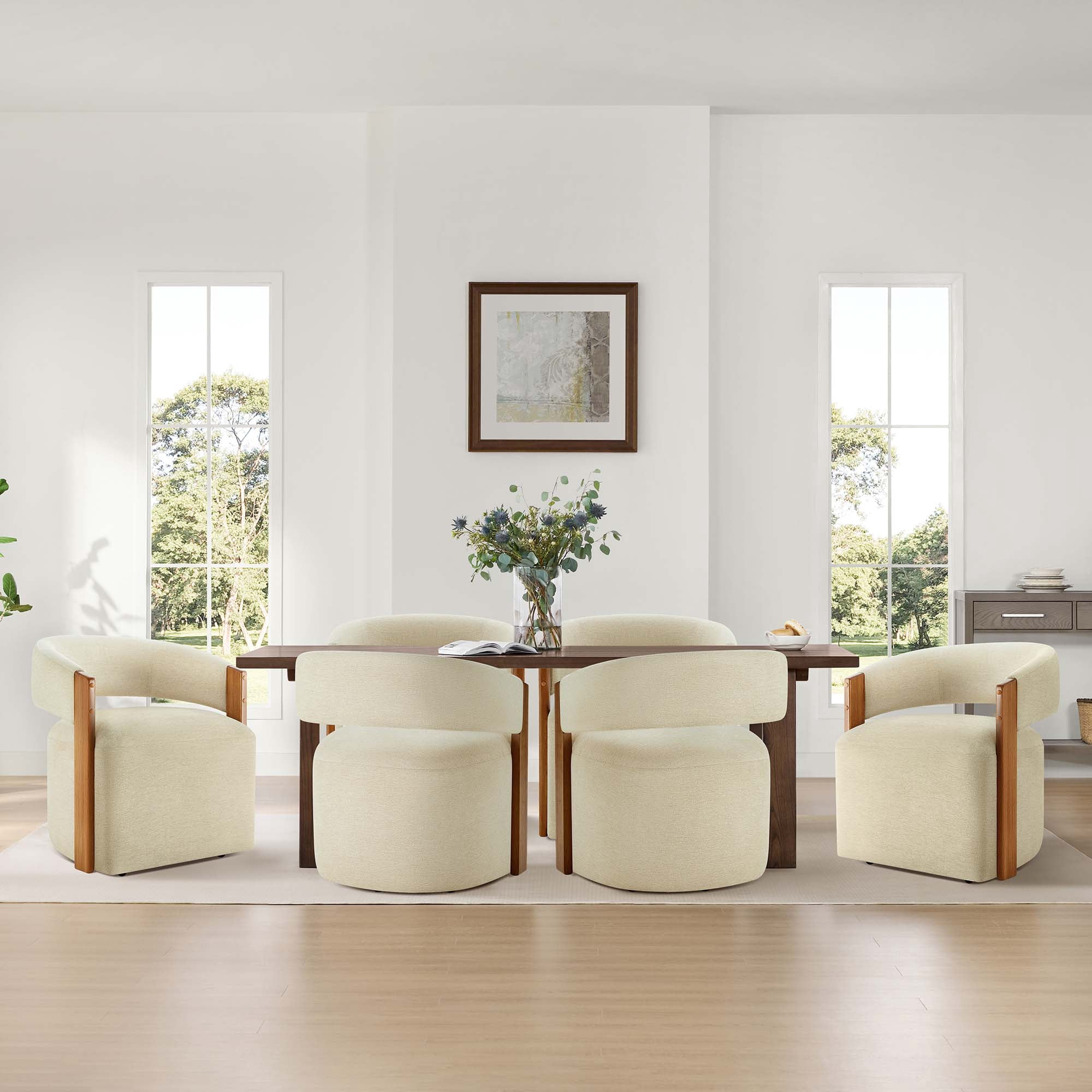 Spruce & Spring Upholstered Dining Chair with Wooden Armrests and Rolling Casters Single, Beige Sand