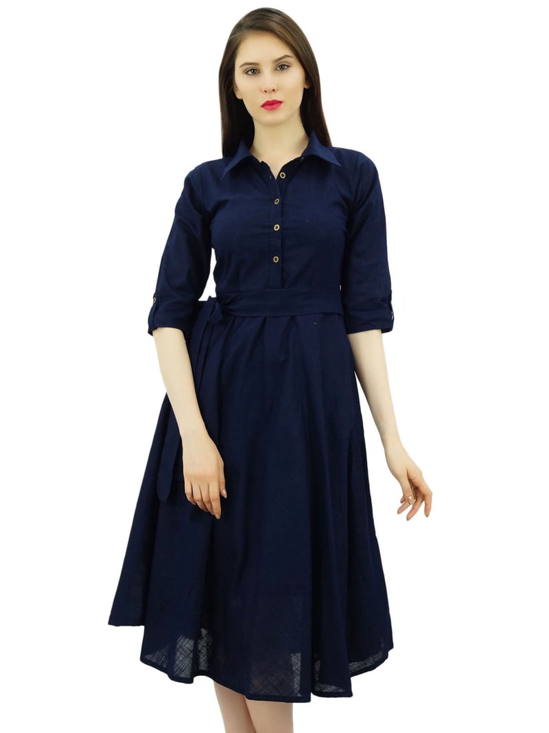 Bimba Women's 3/4 Sleeve Linen Collar Neck Solid Flared Shirt Dress with  Side Pockets - Walmart.com