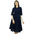 thumbnail image 4 of Bimba Women's 3/4 Sleeve Linen Collar Neck Solid Flared Shirt Dress with Side Pockets, 4 of 9